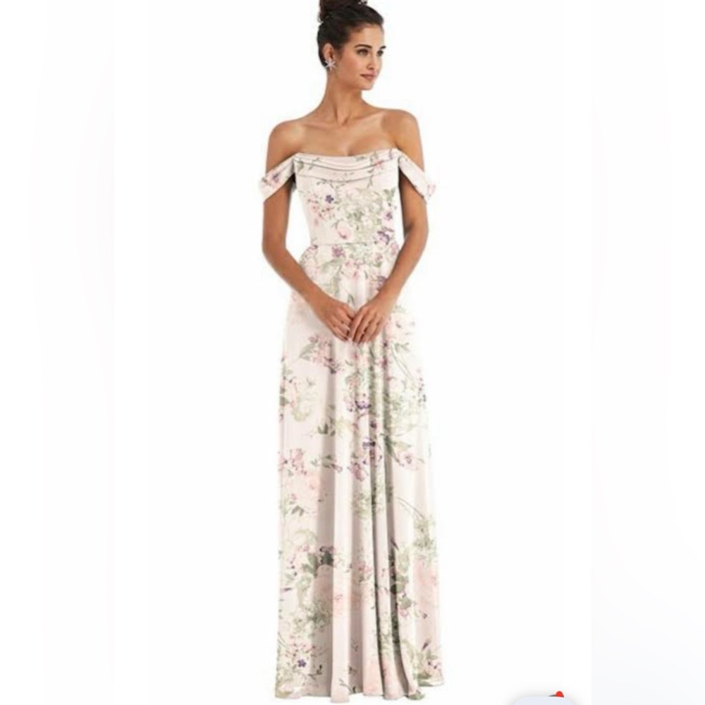 Dessy Group Bridesmaid Gown Off-the-Shoulder Draped Neckline Maxi Blush Garden